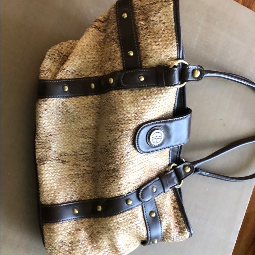 Gianni Bernini straw and brown leather handbag